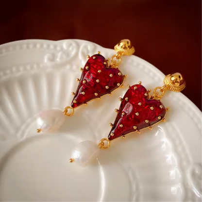 Baroque Red and Gold Heart Pearl Valentine's Day Dangle Earrings - Womens