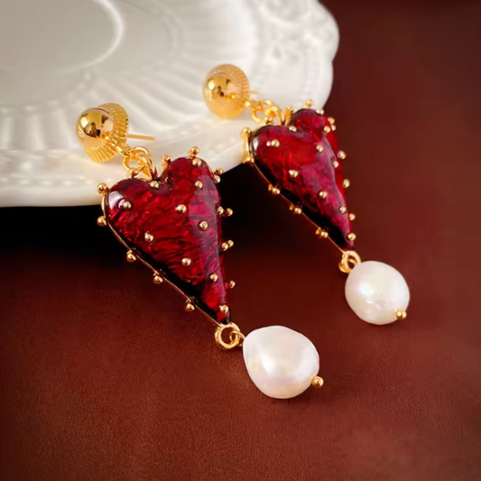 Baroque Red and Gold Heart Pearl Valentine's Day Dangle Earrings - Womens