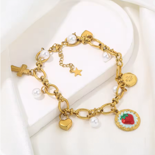 Coquette Strawberry Heart Pearl Pendant Gold Charm Bracelet - Womens