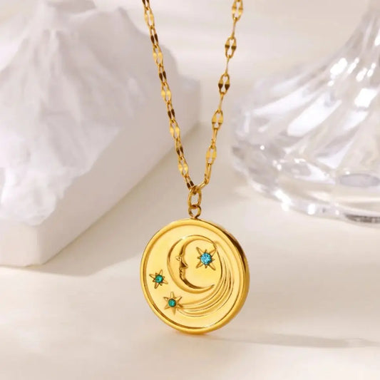 Star and Moon Pendant Gold Coin Necklace - Womens