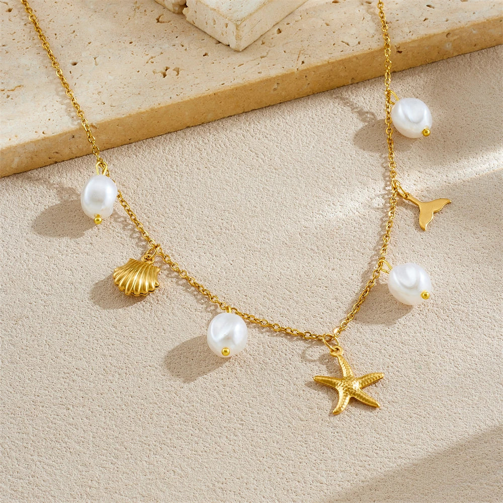 Beach Seashell Starfish Pearl Pendant Gold Charm Necklace - Womens