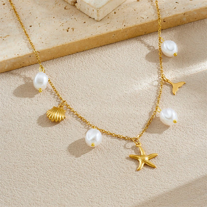 Beach Seashell Starfish Pearl Pendant Gold Charm Necklace - Womens
