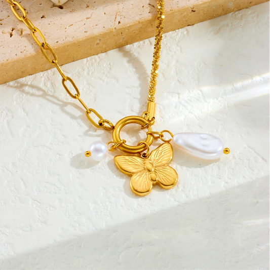 Coquette Pearl Butterfly Gold Pendant Charm Necklace - Womens