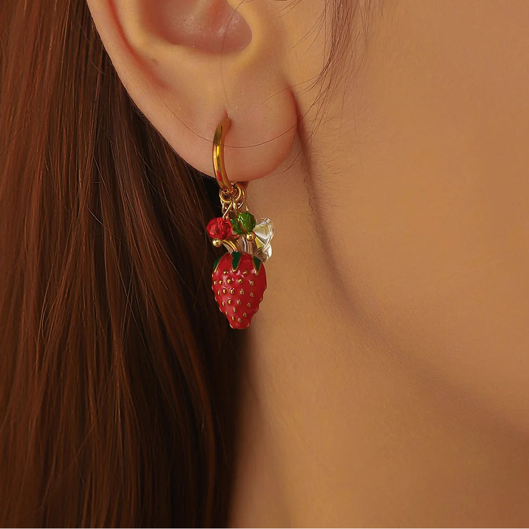 Strawberry Butterfly Dangle Gold Hoop Earrings - Womens