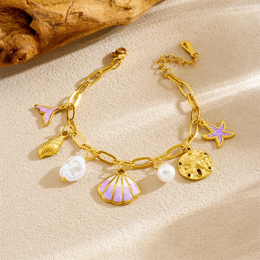 Boho Beach Mermaid Starfish Seashell Pearl Gold Charm Bracelet - Womens