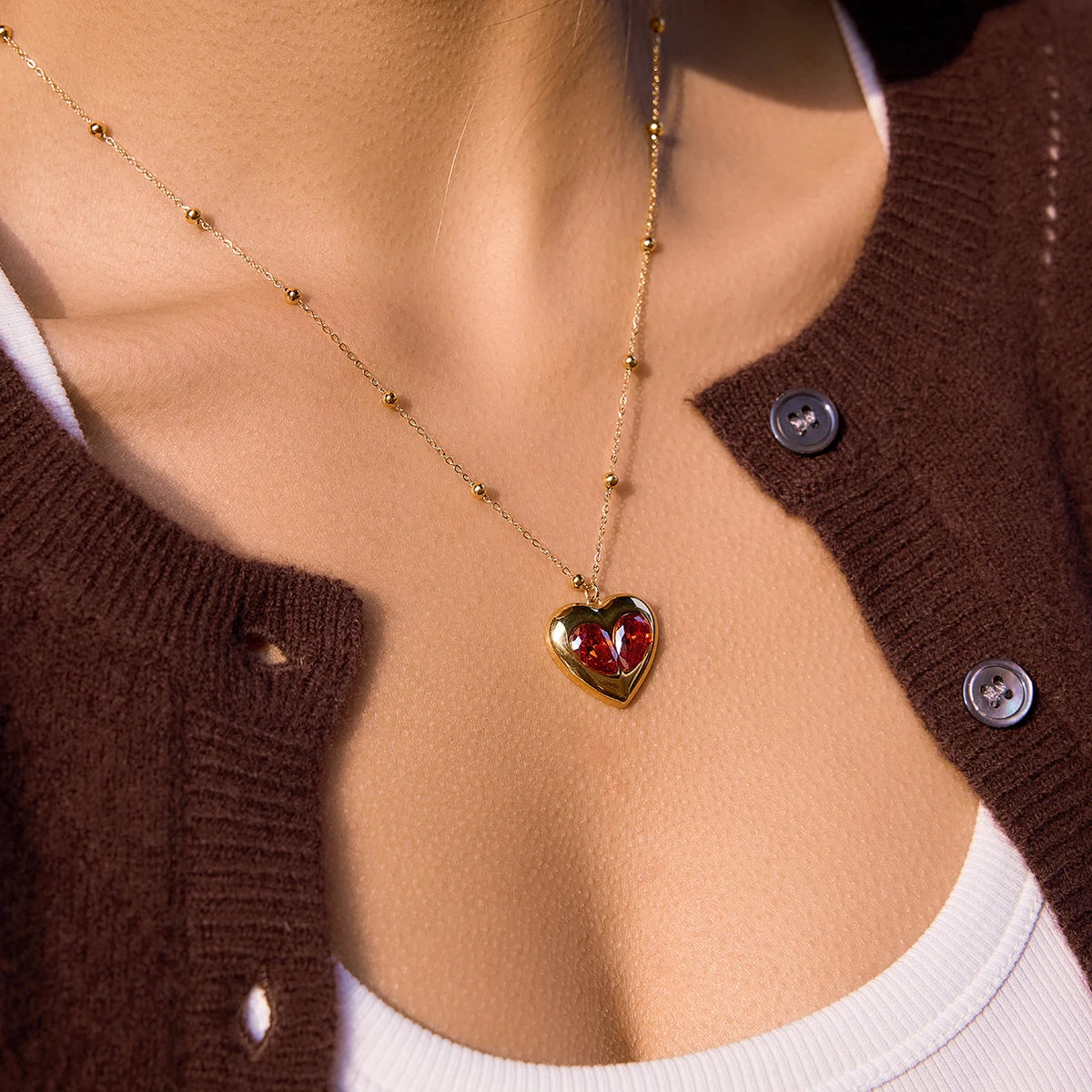 Red Zircon Heart Bead Gold Pendant Valentine's Gift Necklace - Womens