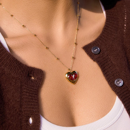 Red Zircon Heart Bead Gold Pendant Valentine's Gift Necklace - Womens
