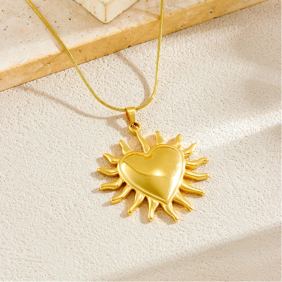 Boho Sun and Heart Pendant Gold Charm Necklace - Womens