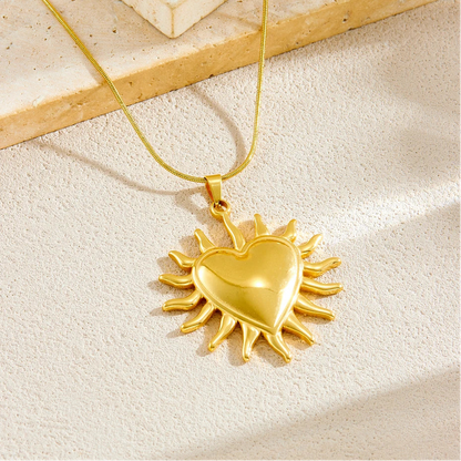 Boho Sun and Heart Pendant Gold Charm Necklace - Womens