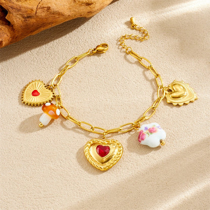 Red Zircon Heart Pearl Flower Pendant Gold Charm Bracelet And Necklace Set - Womens