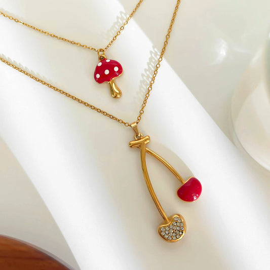 Cottagecore Red Mushroom and Cherry Gold Pendant Charm Necklace - Womens