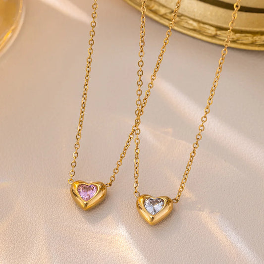 Heart Pink & Silver Crystal Gemstone Gold Pendant Necklace - Womens