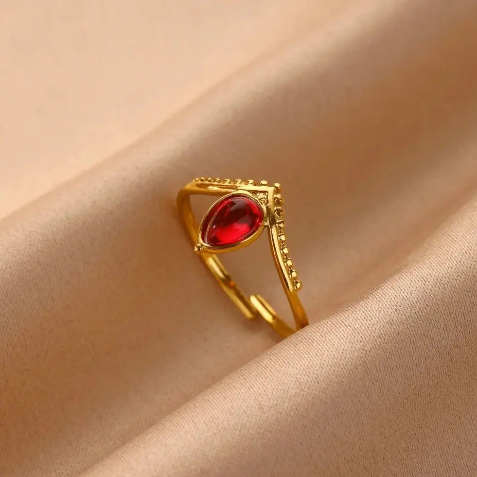 Princess Teardrop Stone Gold Crown Adjustable Ring - Red & Green - Womens
