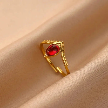 Princess Teardrop Stone Gold Crown Adjustable Ring - Red & Green - Womens