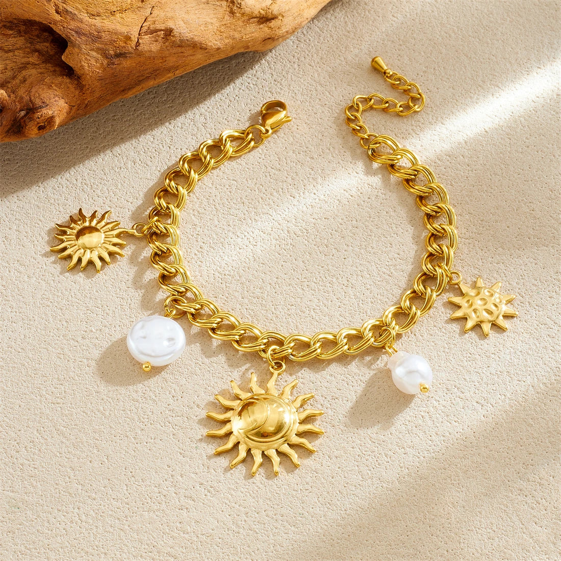 Boho Sun Pearl Pendant Gold Charm Bracelet - Stainless Steel - Womens