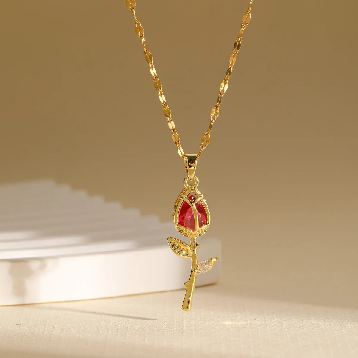 Elegant Zircon Flower Rose Gold Pendant Necklace - Pink & Red - Womens