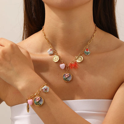 Flower Butterfly Bow Heart Pendant Gold Charm Necklace - Stainless Steel - Womens