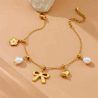 Coquette Flower Bow & Heart Gold Pearl Charm Bracelet - Womens