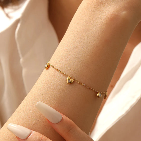 Zircon Gemstone Love Heart Pendant Gold Bracelet - Stainless Steel - Womens