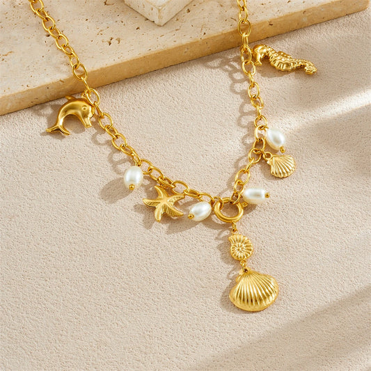 Boho Beach Seashell Dolphin Seahorse Starfish Pearl Gold Pendant Charm Necklace - Womens
