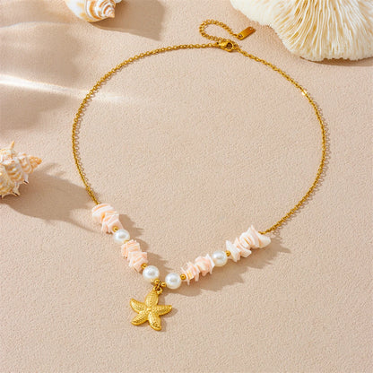 Boho Beach Seashell Starfish Pearl Gold Pendant Necklace - Womens