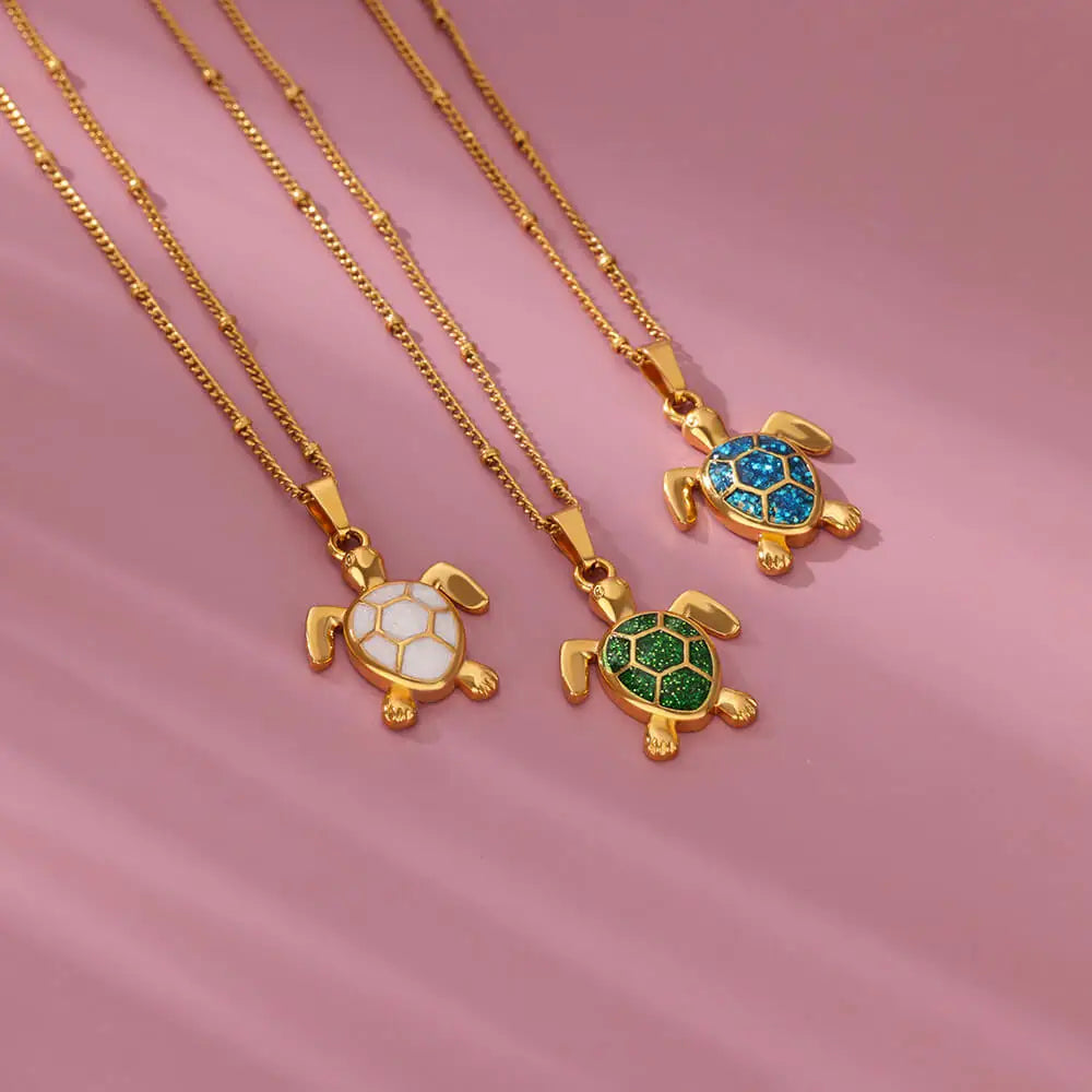 Boho Beach Turtle Pendant White, Blue & Green Charm Necklace - Womens