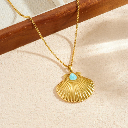 Boho Beach Seashell Turquoise Waterdrop Gold Pendant Necklace - Stainless Steel - Womens