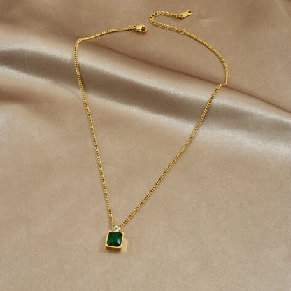 Zircon Emerald Pendant Gold Charm Necklace - Stainless Steel - Womens