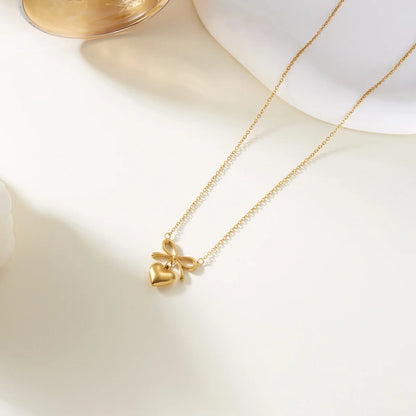 Dainty Coquette Aesthetic Heart and Bow Gold Pendant Necklace - Womens