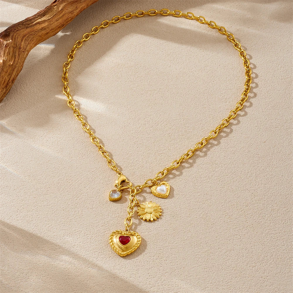 Vintage Zircon Heart Flower Pearl Pendant Gold Charm Necklace - Womens