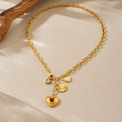 Vintage Zircon Heart Flower Pearl Pendant Gold Charm Necklace - Womens