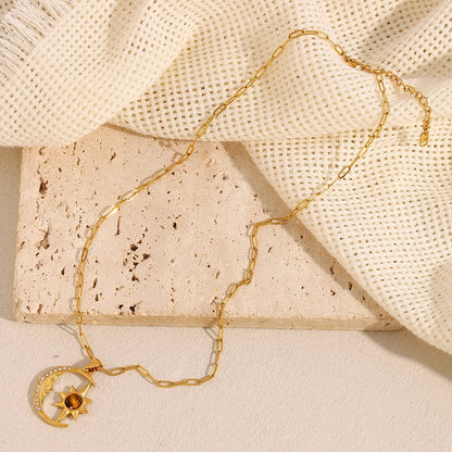 Crescent Moon Star Zircon Gold Pendant Necklace - Womens
