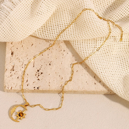 Crescent Moon Star Zircon Gold Pendant Necklace - Womens