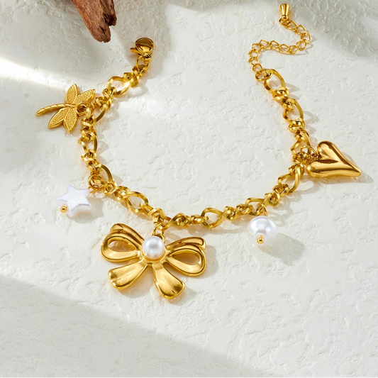 Coquette Bow Heart Pearl Gold Charm Bracelet - Womens