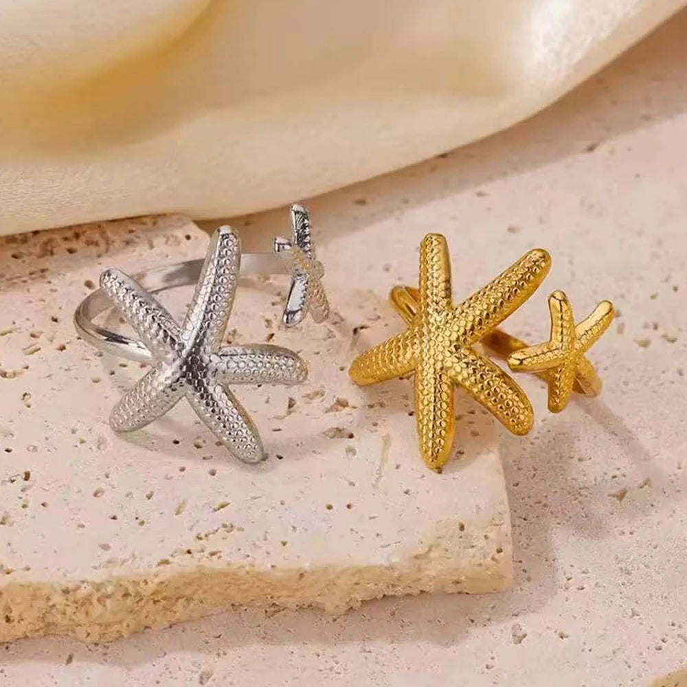 Boho Mermaidcore Starfish Adjustable Ring - Gold & Silver - Womens