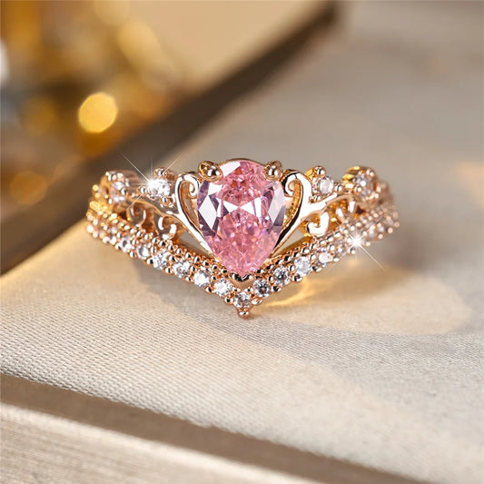 Dainty Princess Pink Zircon Crystal Rose Gold Ring - Womens