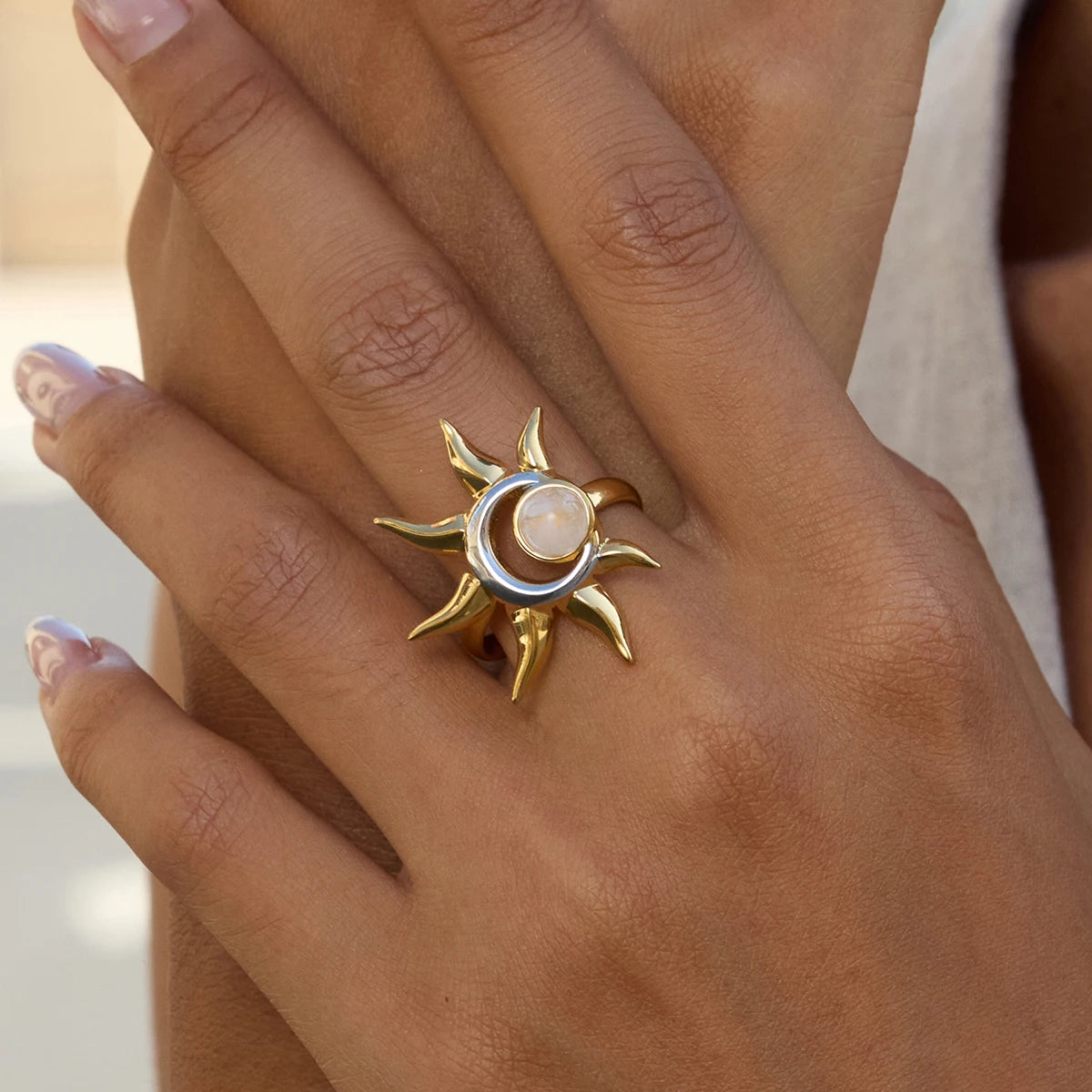 Two-Tone Sun Moonstone Adjustable Ring - Gold & Silver - Womens