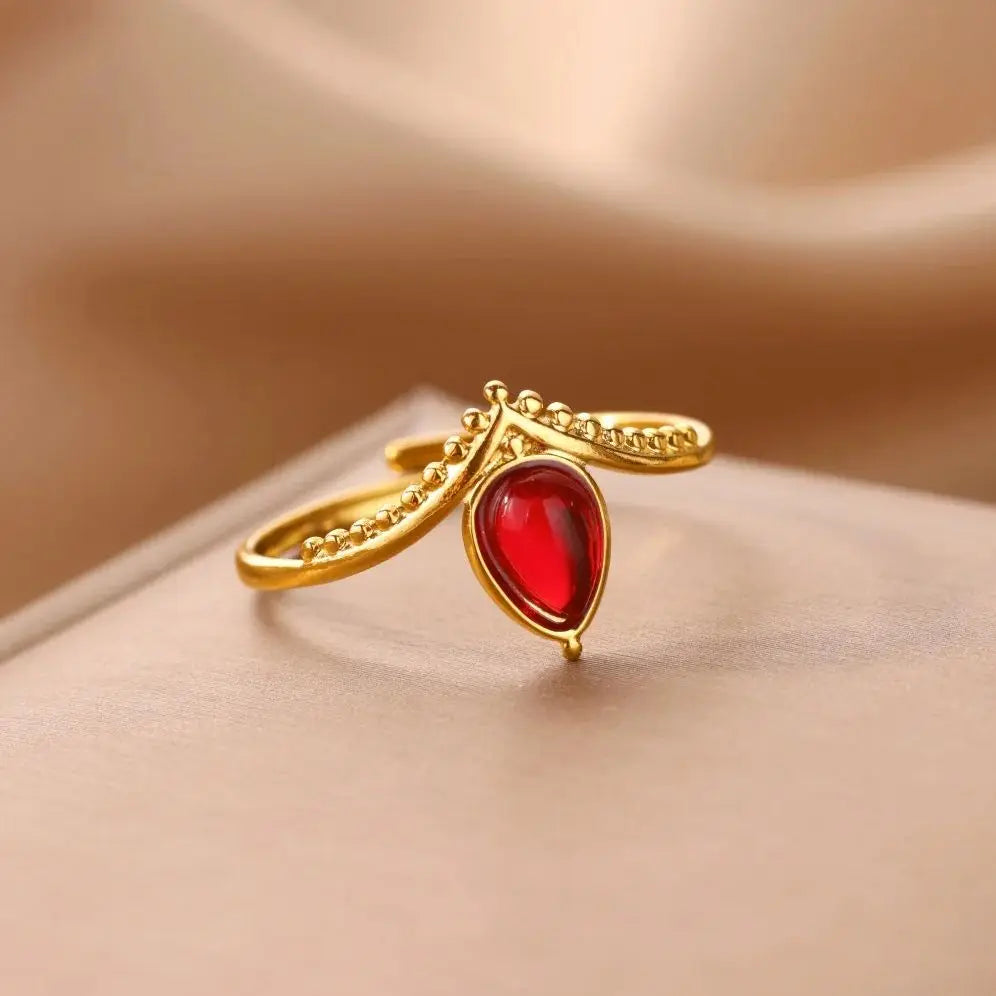 Princess Teardrop Stone Gold Crown Adjustable Ring - Red & Green - Womens
