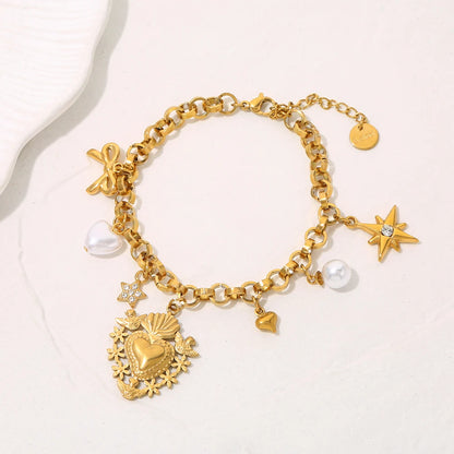 Vintage Bow Star Heart Pendant Pearl Gold Charm Bracelet - Stainless Steel - Womens