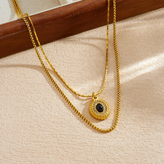 Vintage Black Onyx Gemstone Gold Layered Necklaces - Stainless Steel - Womens