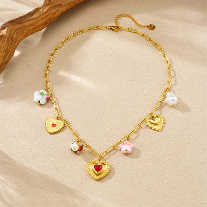 Red Zircon Heart Pearl Flower Pendant Gold Charm Bracelet And Necklace Set - Womens
