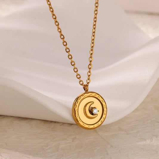 Zircon Star and Moon Pendant Charm Necklace Gold - Womens