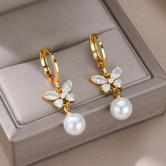 Zircon Butterfly Gold Pearl Drop Earrings - Womens