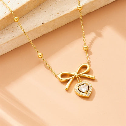 Coquette Bow Ribbon Zircon Heart Gold Pendant Necklace - Womens