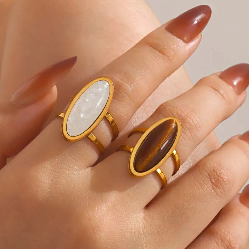 Vintage Boho Oval Pearl Brown Stone Tiger's Eye Ring - Stainless Steel - Womens
