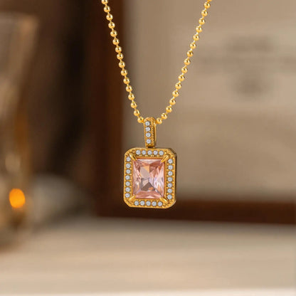 Zircon Square Pink Gemstone Gold Pendant Necklace - Stainless Steel - Womens