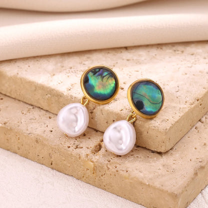 Boho Beach Pearl Abalone Shell Pendant Gold Dangle Earrings - Stainless Steel - Womens