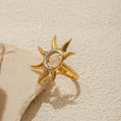 Two-Tone Sun Moonstone Adjustable Ring - Gold & Silver - Womens