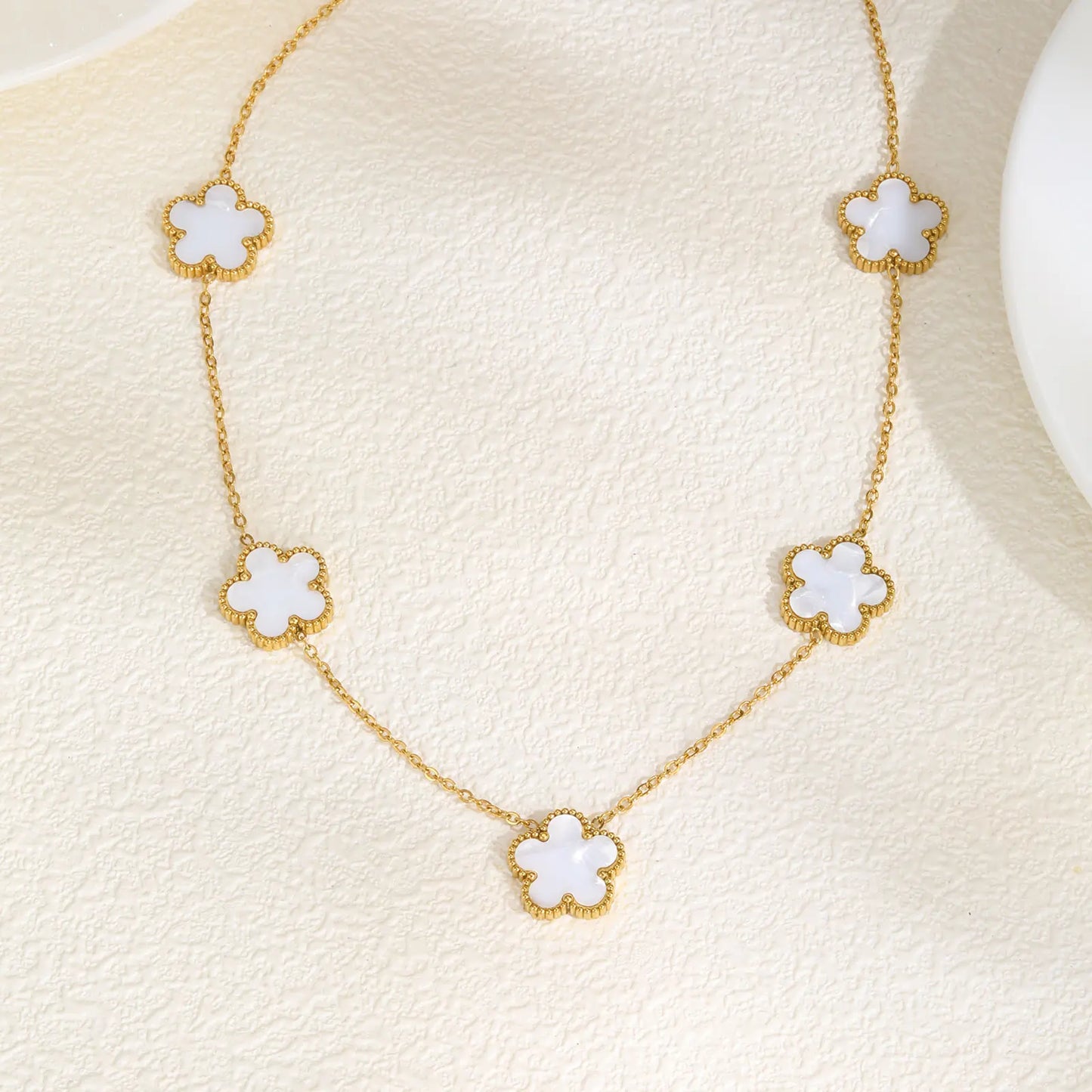 Leaf Clover Flower Pendant Gold Charm Necklace - Stainless Steel - Womens