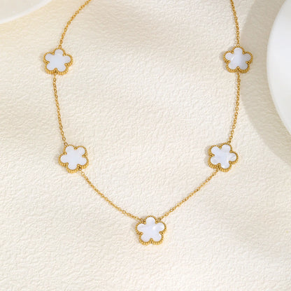 Leaf Clover Flower Pendant Gold Charm Necklace - Stainless Steel - Womens